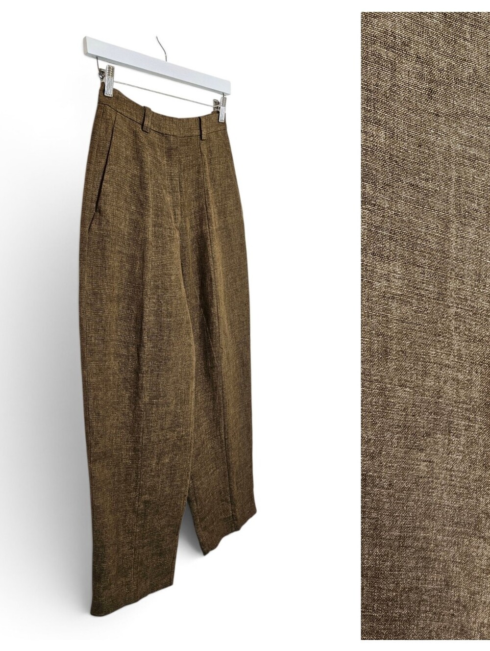 Massimo Dutti Linen Trousers 2 Barrel Wide Leg Darted Brown 100% Pure Linen
